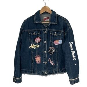 Toby Black Denim Jacket Womens M Patch Denim Trucker Jacket Meow Cat Fish